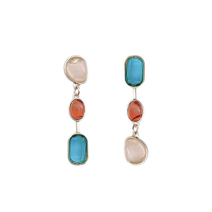 Wholesale Asymmetric colored gemstone earrings, silver needle contrasting earrings, niche design, high-end tassel earrings