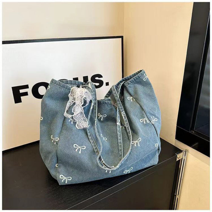 Wholesale Denim Canvas Bag Women' s Bow Sweet All-match Tote Bag Large Capacity Casual Shoulder Bag