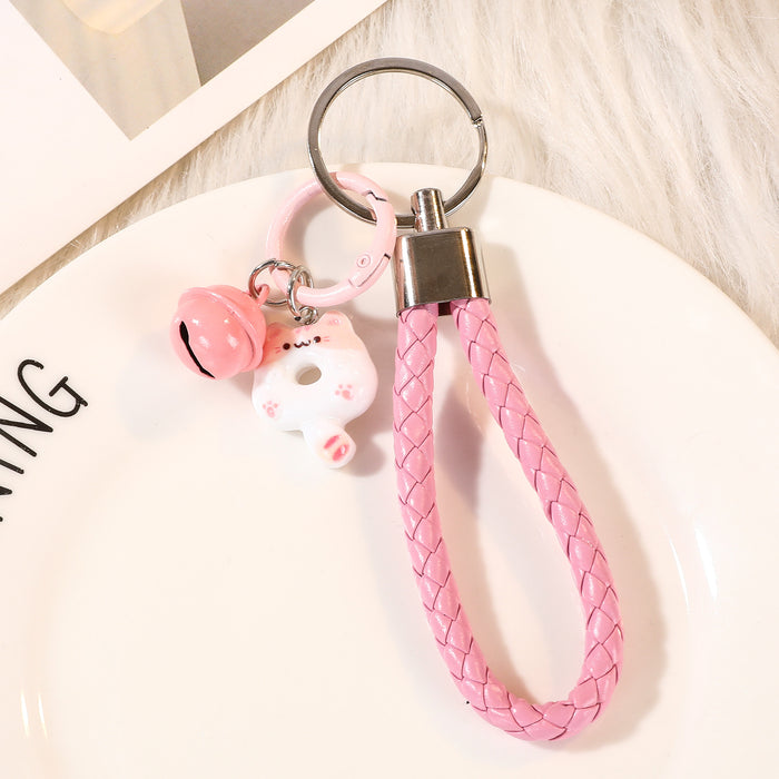 Wholesale Cute Cat Keychain With Resin Donut And Bell Pink Leather Rope Bag Charm And Car Key Accessory