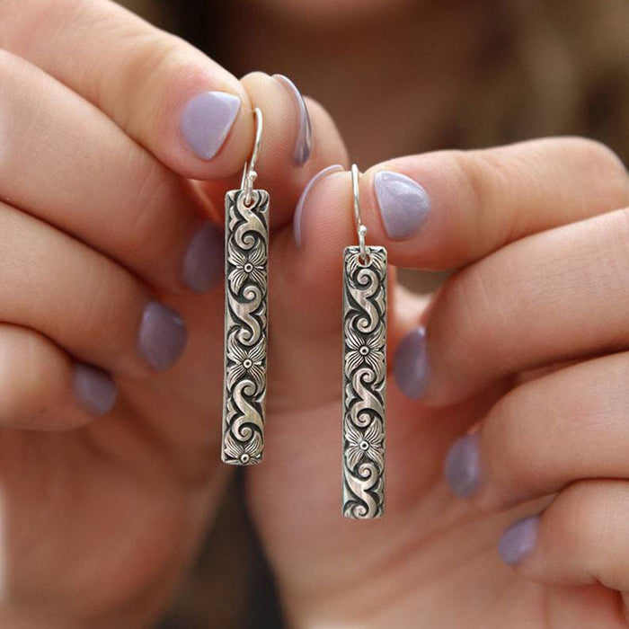 Wholesale Geometric Carving Pendant Earrings Trendy Ancient Silver Earhook Earrings Women's Accessories