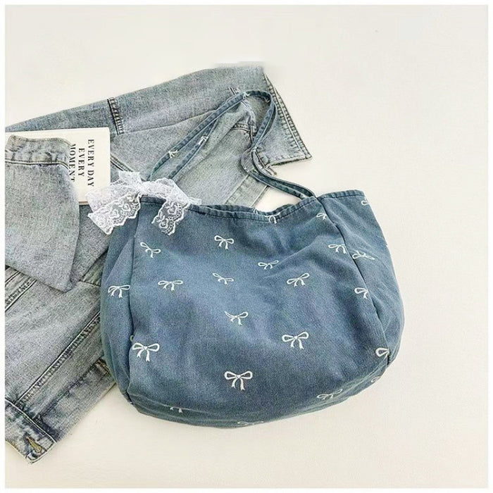 Wholesale Denim Canvas Bag Women' s Bow Sweet All-match Tote Bag Large Capacity Casual Shoulder Bag