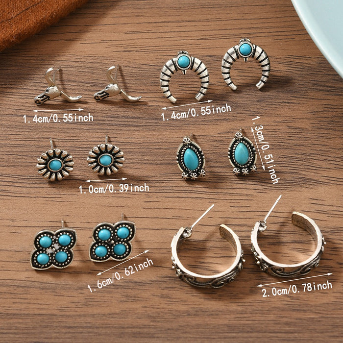 Wholesale Trendy Bohemian Turquoise Bull Head Flower Earrings For Women Alloy Handmade Jewelry Accessory Boutique Resale