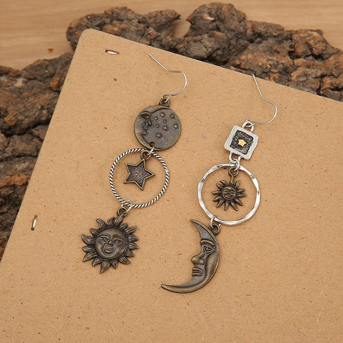 Wholesale Independent Station Retro Pentagram Sun Moon Long Pendant Earrings