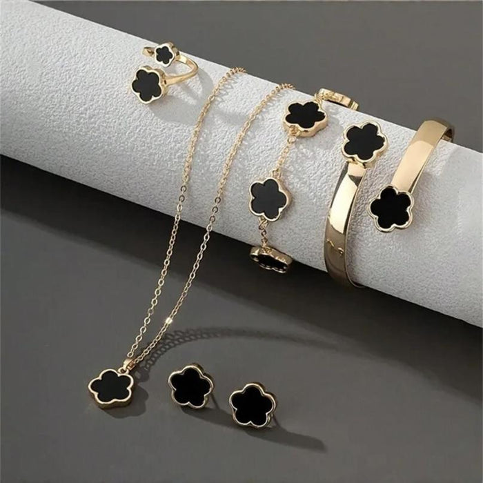 Wholesale Brilliant Lucky Flower Jewelry Set Bracelet Five Leaf Grass Necklace Ring Earnail JDC-NE-AH001