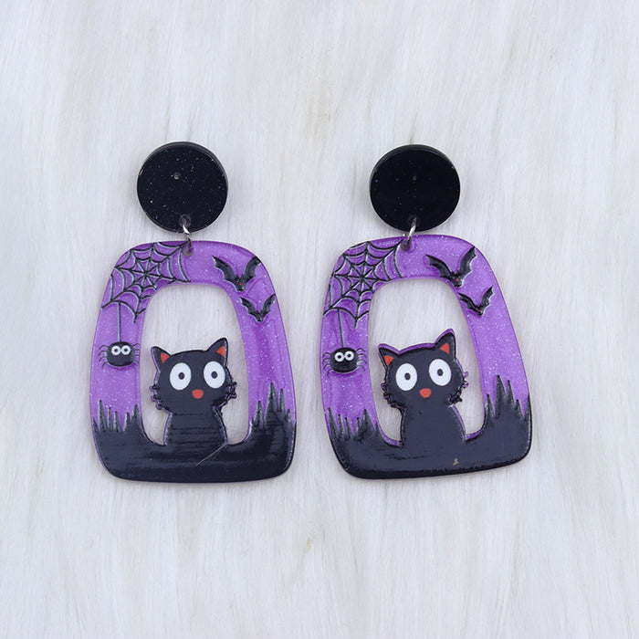 Wholesale Halloween 2023 New Square Round Hollow Earrings Acrylic Cartoon Ghost Pumpkin Cat Earrings JDC-ES-DuAi012