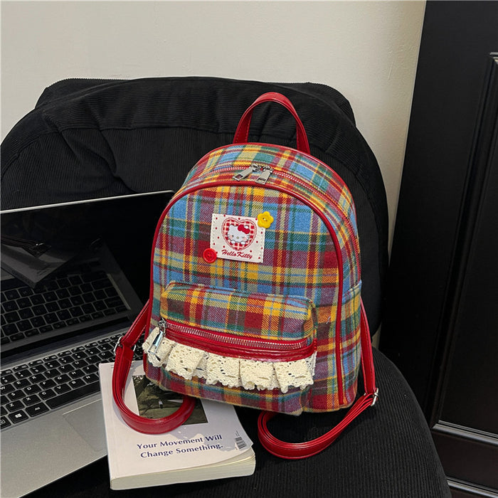 Wholesale Red plaid contrasting color lace trim large capacity backpack bags