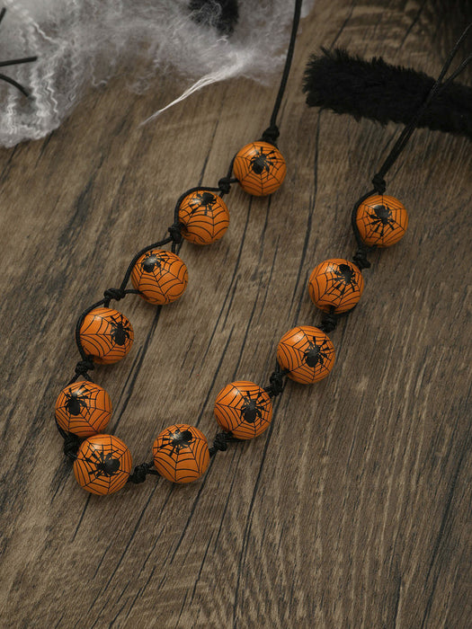 Wholesale Halloween Pumpkin Spider Print Wooden Bead Necklace JDC-NE-JunJie003