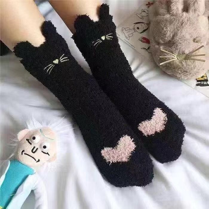 Wholesale Autumn and Winter coral fleece mid-calf length socks fleece-lined thickened floor socks cat ear home confinement socks