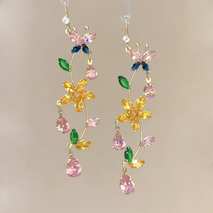 Wholesale New colorful sparkling diamond butterfly flower earrings with fashionable temperament, high-end feel, and exquisite earrings