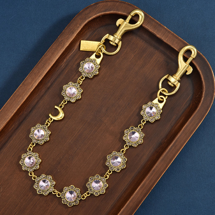 Wholesale Gold Plated Metal Flower Chain Bag Charm Retro Rhinestone Pendant For Handbags Trendy Gift