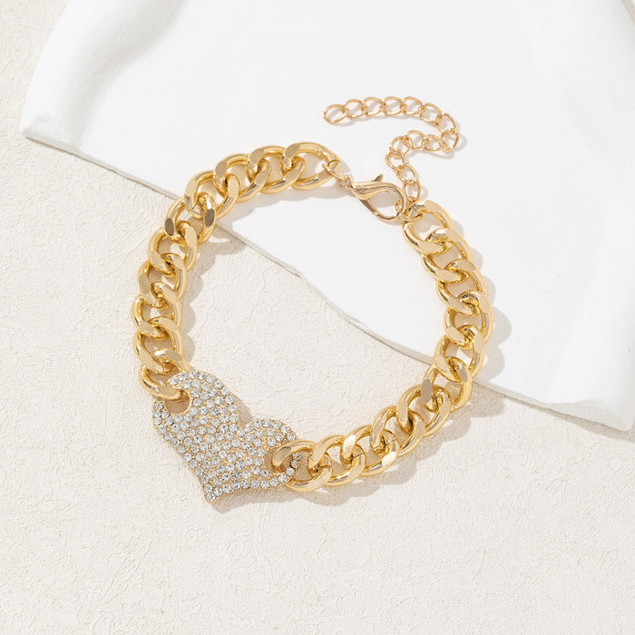 Wholesale New Fashion Alloy Diamond Inlaid Love Cuban Bracelet Light Luxury Versatile Peach Heart Handmade Bracelet