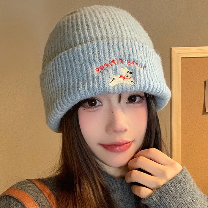 Wholesale Cute puppy embroidered knitted woolen hat for women, versatile big head circumference hat for autumn and winter
