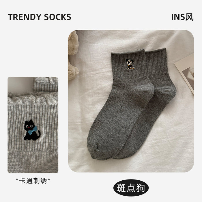 Wholesale Socks Children's Cotton Socks Cartoon Embroidery Lace Middle Sock Pattern Grey Sports Socks