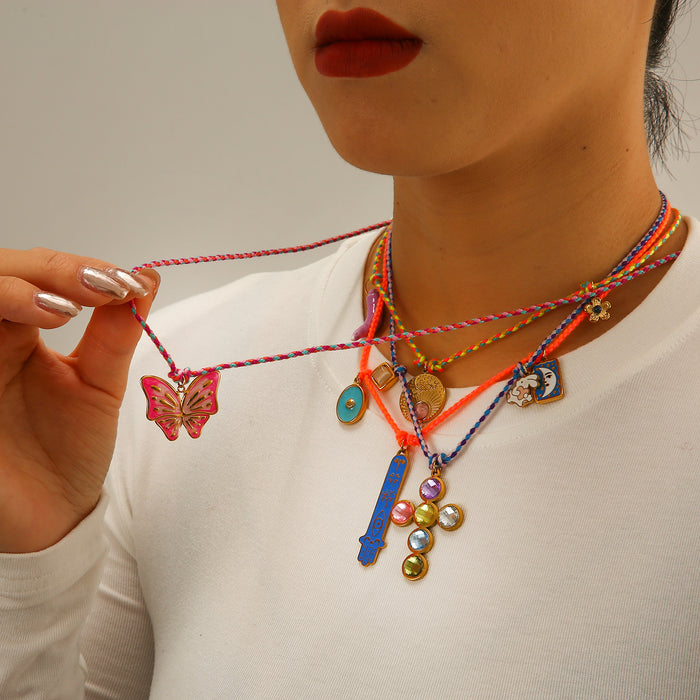 Wholesale Handmade New Original Design Colorful Cotton Rope Necklace with Stainless Steel Drip Oil Pendant Butterfly Fashion Pendant
