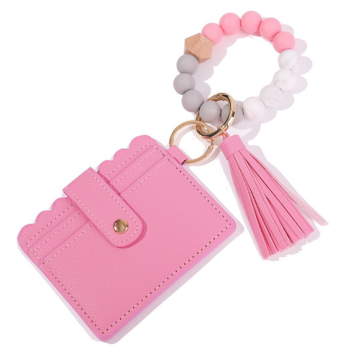 Wholesale Silicone Beads Bracelet Card Holder Leopard Print PU Leather Tassel Pendant Keychain JDC-KC-JinY010