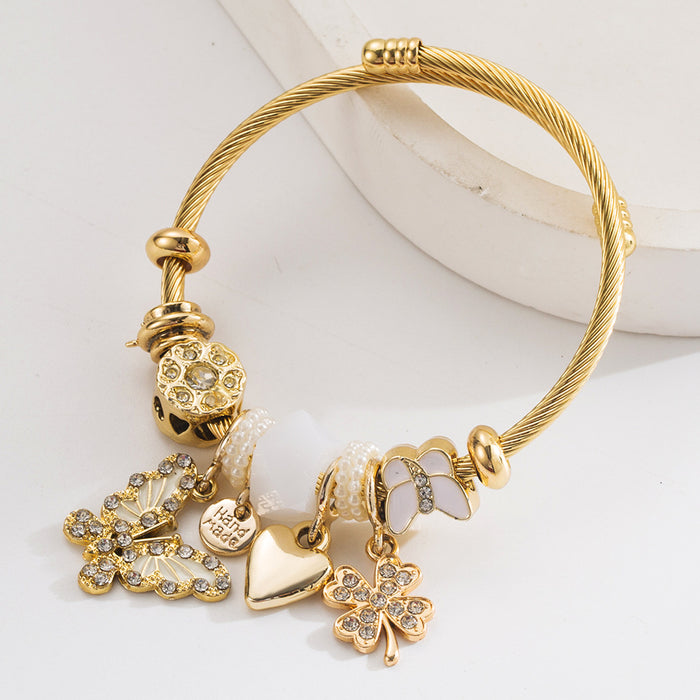 Wholesale Chic Adjustable Women S Bracelet With Butterfly Heart Clover Charms Alloy Pink Fashion Jewelry Accessory