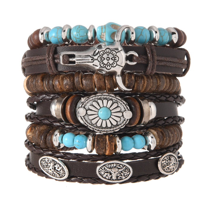 Wholesale Retro Braided Turquoise 6-Piece Leather Bracelet Set