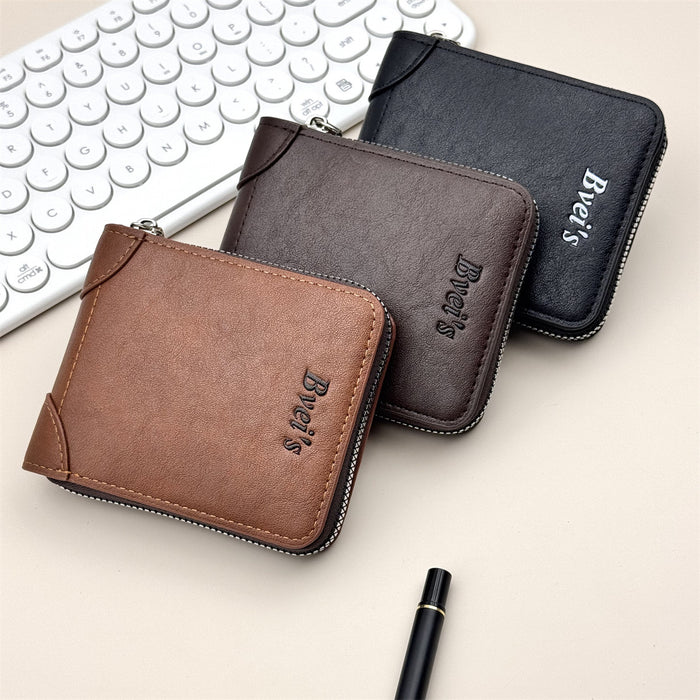 Wholesale Retro European American Style Men' s Wallet - PU Leather Solid Color Zipper Coin Purse