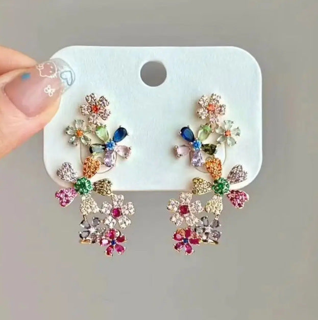 Wholesale Rhinestone Flower Earrings Niche Silver Pin Earrings for Women
