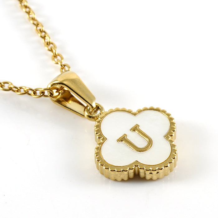 Wholesale Shell Letter Four Leaf Clover Pendant 18K Gold Stainless Steel Necklace JDC-NE-ZhongX005