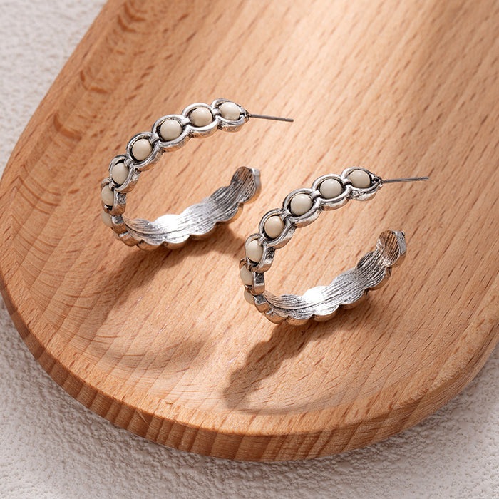 Wholesale Retro Western Style Turquoise Large Circle C-Shaped Earrings Bohemian Style Earrings High-End Niche Design Earrings