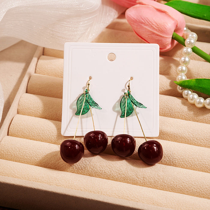 Wholesale Fruit Cherry Earrings Internet Celebrity Ins Delicate Green Leaf Earrings Cartoon Cute Elegant Student Resin Earrings