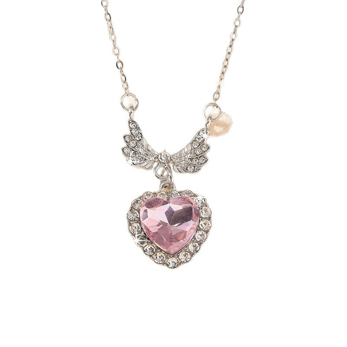 Wholesale Heart Wings Rhinestone Necklace Pink Jewelry Accessory MOQ≥2