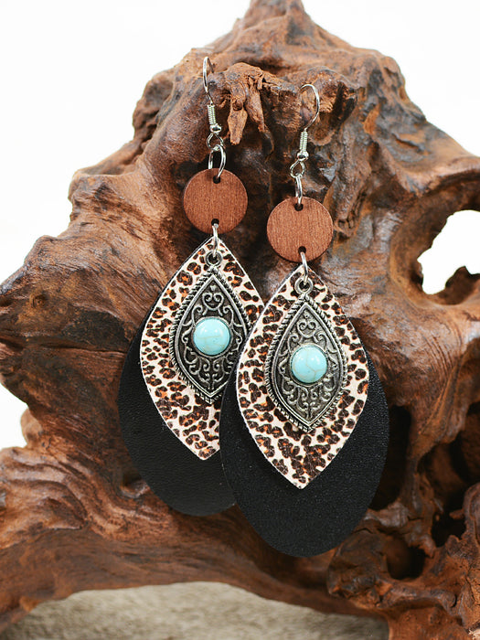 Wholesale Western Style Multi-layered Leopard Print Alloy Turquoise Earrings JDC-ES-ChenC009