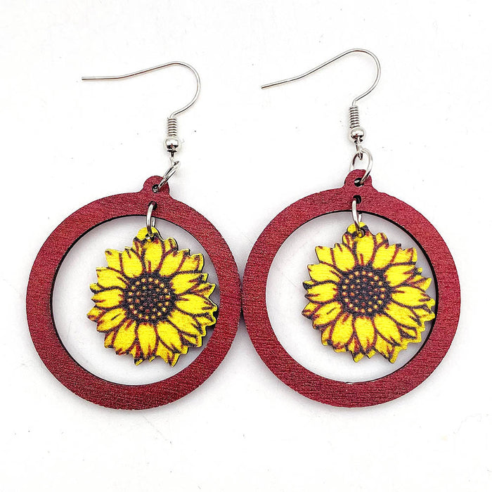 Wholesale Retro Wooden Earrings Western Denim Series Cowhead Sunflower Boho Earrings