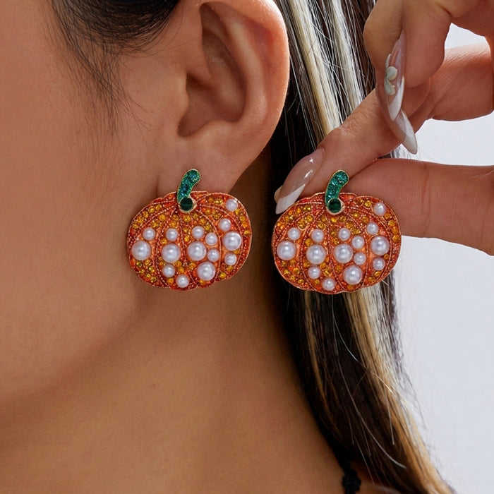 Wholesale Funny Cartoon Pumpkin Earrings Creative Graffiti Design With Pearl And Rhinestone Accents Women S Alloy Fashion Accessory