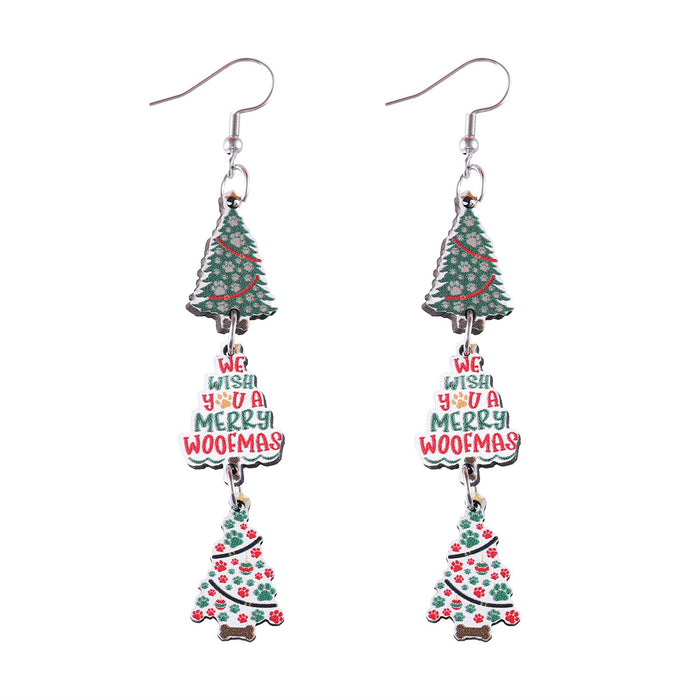 Wholesale Christmas Color Dog Claw Christmas Tree Plaid Snowflake Triple Pendant Earrings Wooden Double-sided Earrings