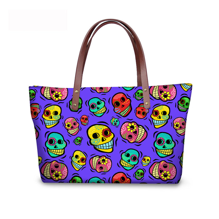 Wholesale Colorful Skull Print Large Capacity Tote Bag JDC-SD-ZhengDing001