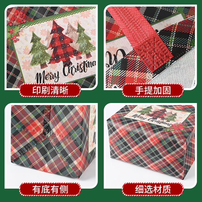 Wholesale Red Plaid Christmas Tote Gift Bag Cartoon Printed Non-woven Foldable Christmas Gift Bag JDC-GB-XJ007