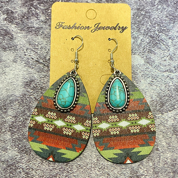 Wholesale Wooden earrings with vintage Aztec pattern water droplet earrings and classic patchwork earrings