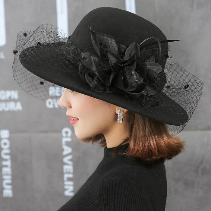 Wholesale Women's Large Brimmed Autumn/winter Woolen Hat Mesh Vintage Black Round Top Pillbox Hat