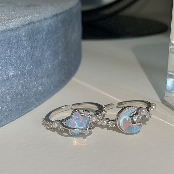 Wholesale Star Moon Ring Clear and Cool, niche design, high-end, index finger ring with adjustable opening