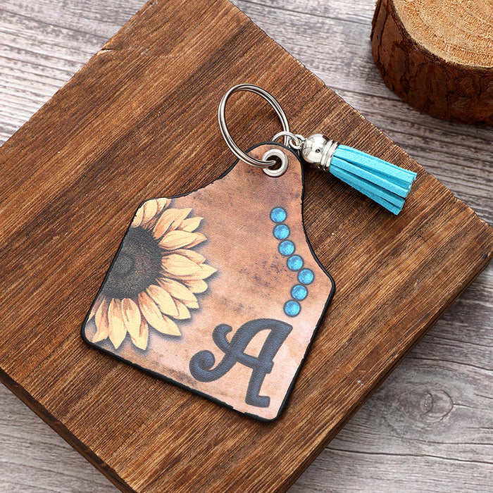 Wholesale Leather Sunflower Letter Tassel Keychain Pendant