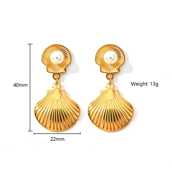 Wholesale Temperamental Conch Design Stainless Steel Pearl Earrings Color Preserving Electroplating