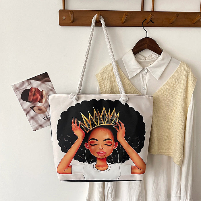 Wholesale Outdoor practical versatile retro canvas bag cartoon print portable beach bag large capacity
