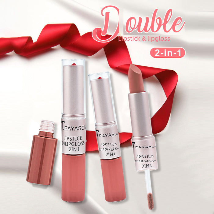 Wholesale Double headed non stick cup matte matte matte lip gloss 2-in-1 matte bean paste non fading cup lipstick
