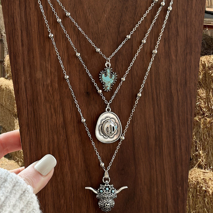 Wholesale Western Denim Style Hat Turquoise Multi-layer Necklace Women' s Vintage Flower Plate All-match Necklace