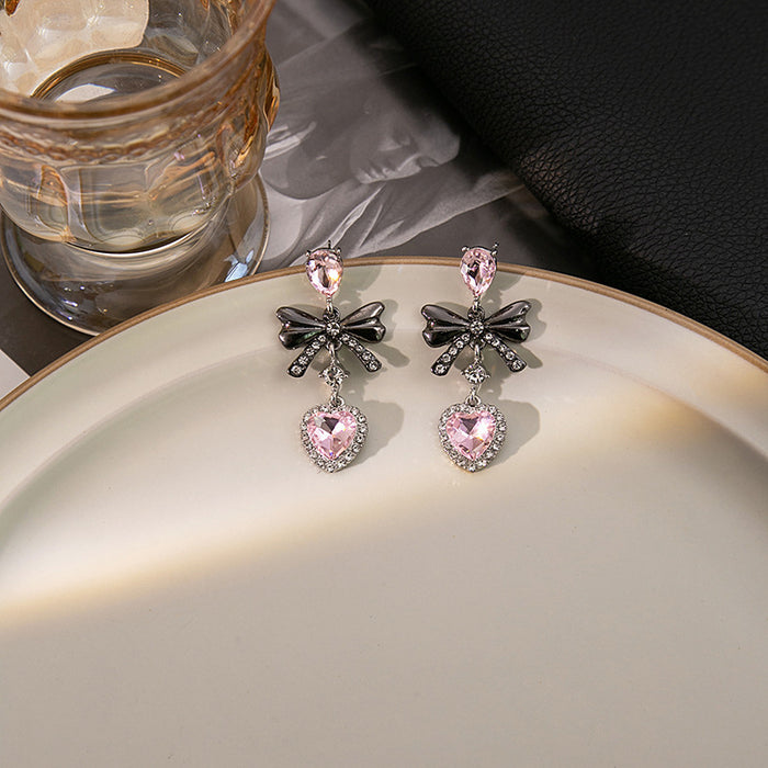 Wholesale Silver needle sweet pink heart earrings simple micro-inlaid zircon pearl earrings bow earrings