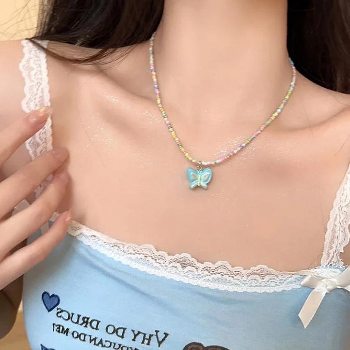 Wholesale Colorful beaded butterfly necklace for senior girls to wear collarbone chain summer