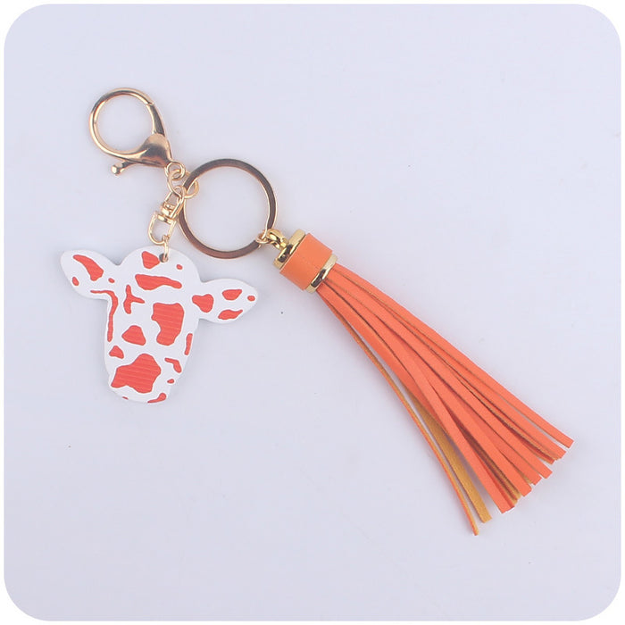 Wholesale Cartoon Western Bull Head Wooden Pendant Creative Colorful Long Tassel Key Ring Pendant