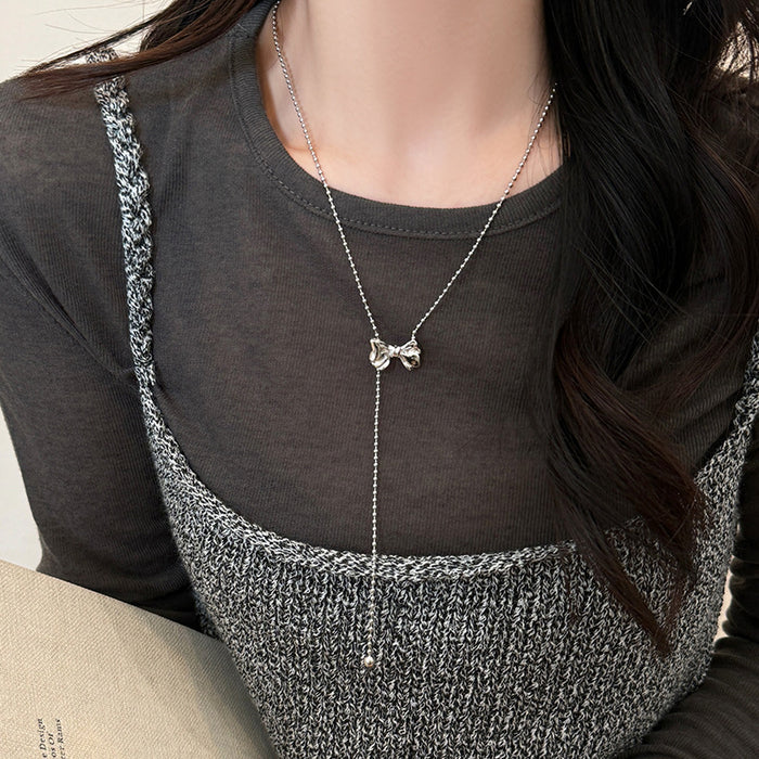 Wholesale Titanium steel non fading tassel bow sweater chain long high-end necklace