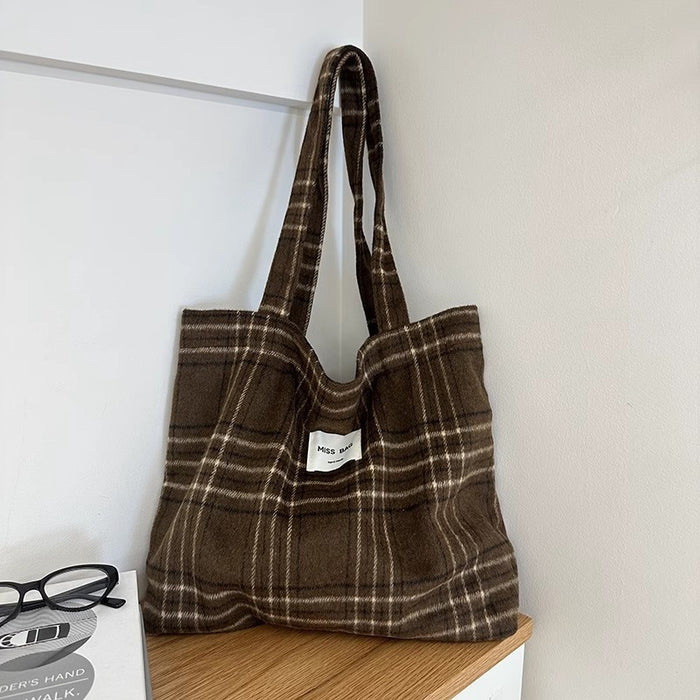 Wholesale Simple Woolen Handbag Large Capacity Classic Plaid Wool Shoulder Bag