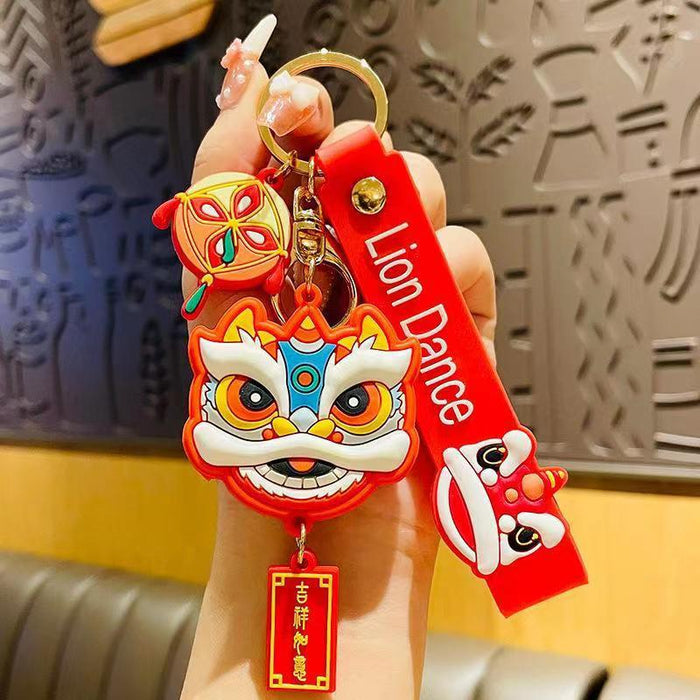 Wholesale Cartoon National Fashion Lion Dance Lucky Cat Keychain Pendant Chinese Red Couple Doll Small Pendant Personalized Car Pendant