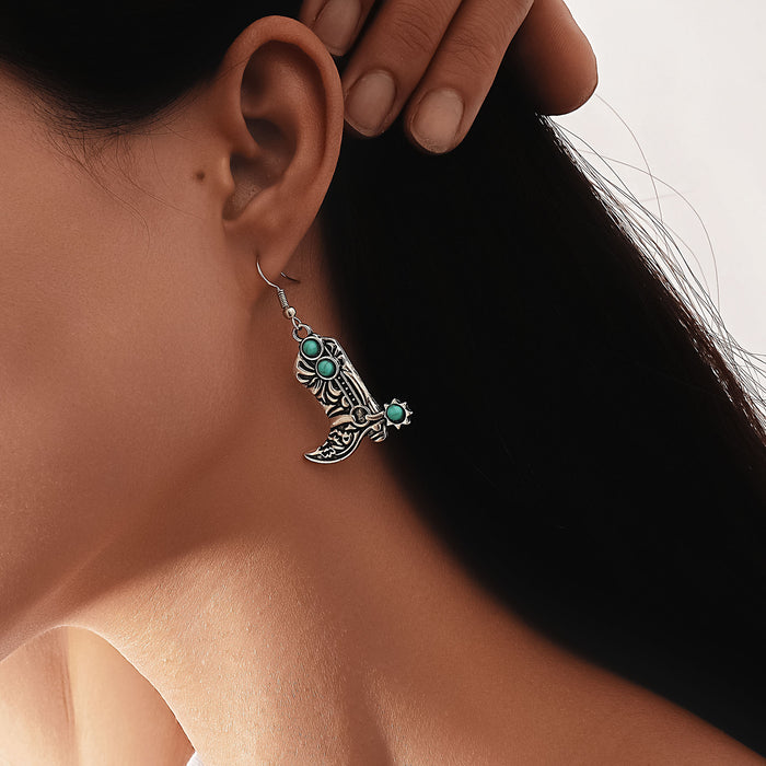 Wholesale European and American Personalized turquoise western cowboy alloy boots shape earrings