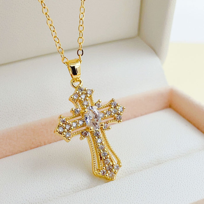 Wholesale Copper Inlaid Zircon Cross Pendant Necklace JDC-NE-ShangY035