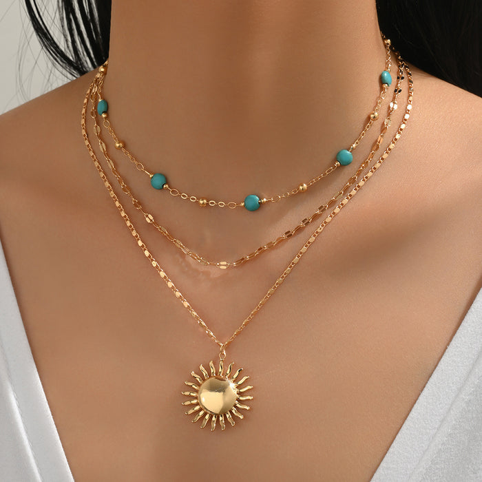 Wholesale Multi-layered gold sun pendant necklace